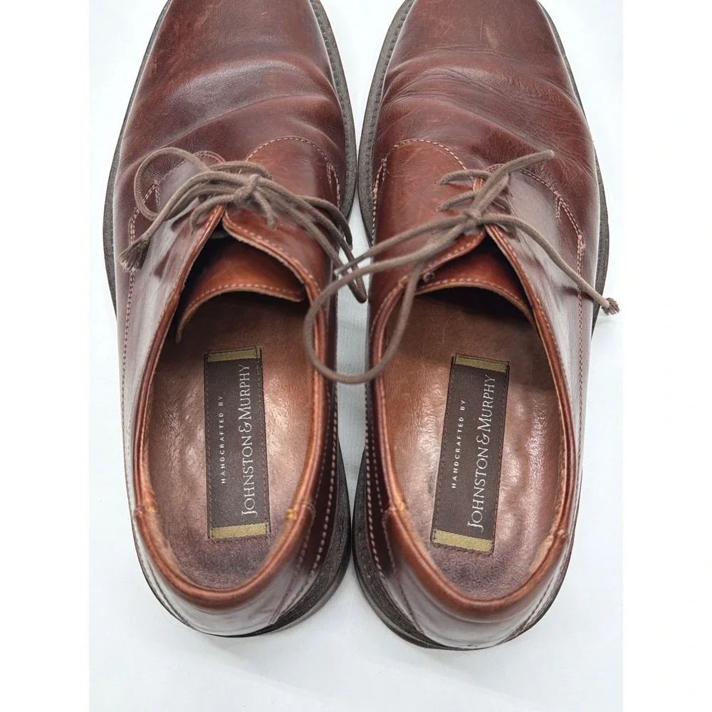 Johnston & Murphy Mens Brown Leather Square Toe Handcrafted Derby Shoes Size 9.5